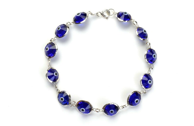 Solid 925 Sterling Silver 10MM Crystal Evil Eye Charm Bracelet 7.5, All Colors Multi Color, Dark Blue, Red, Light Blue, Lavender, Green, Dark Blue