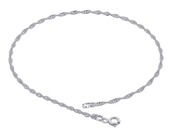 Italian 925 Solid Sterling 2MM Diamond Cut Singapore Anklet Chain 9" or 10", Spring Clasp, Made In Italy