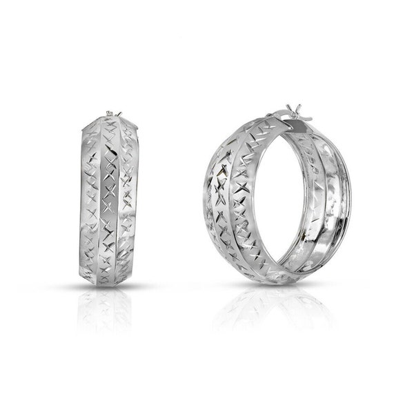 Solid 925 Sterling Silver Diamond Cut French Lock Hoops, 25MM Hoop Earrings For Women Gift Jewelry, Stamped 925 Italy