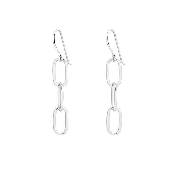 925 Sterling Silver 3 Row Paperclip Chain Link Dangle Drop Hook Earrings For Women, Jewelry Gift