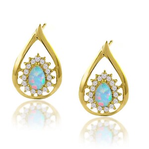 Solid .925 Sterling Silver White Opal Tear Drop Halo Stud Earrings In 18k Yellow Gold Plating, Pushback Closure, 925 Stamped, Jewelry Gift