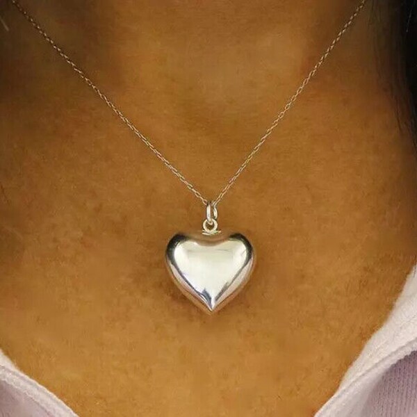 Solid 925 Sterling Silver Puffed Heart Pendant Necklace Made In Italy - 18", Cable Chain, Spring Clasp, Stamped 925, Made In Italy