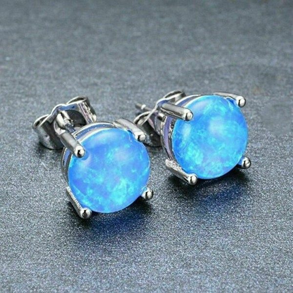 925 Sterling Silver 6mm Round Blue Fire Opal Stud Earrings Jewelry Gift For Women