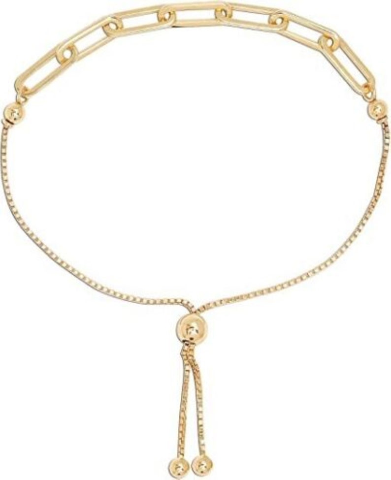 18k Gold Plated 925 Sterling Silver Adjustable Paperclip Chain Bolo Bracelet For Women image 2