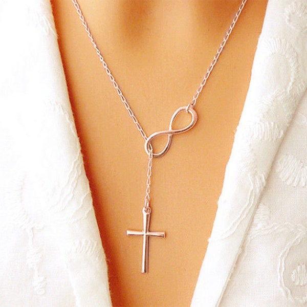 18k Rose Gold Plated 925 Sterling Silver 18" Inch Rose Gold Infinity Cross Pendant Necklace For Women and Girls