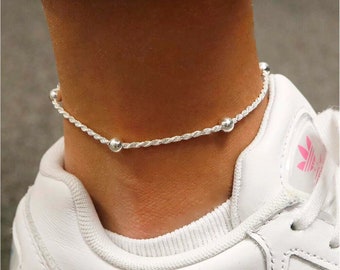 1.5MM Solid 925 Sterling Silver Italian Diamond Cut Rope Bead Anklet Chain 9" or 10", Lobster Claw, Made In Italy