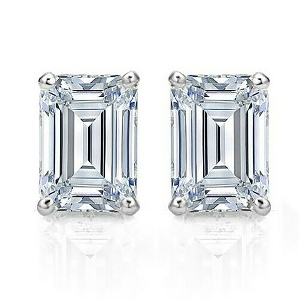 925 Sterling Silver 2.00CTTW Solitaire Emerald Cut Stud Earrings 7x5MM For Women