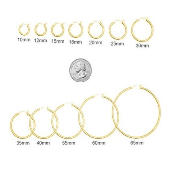 Italian Made 925 Sterling Silver 14k Gold Plated High Polished 2MM French Lock Round Hoop Earrings 10MM-65MM