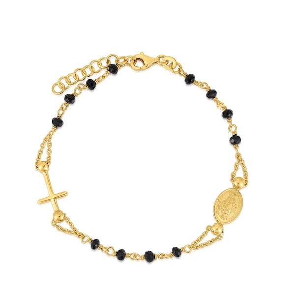18k Gold Plated 925 Sterling Silver Rosary Cross Black Crystal Charm Bracelet, Adjustable From 7"- 8.5", For Women and Girls