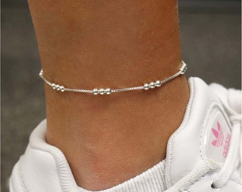 Italian 925 Solid Sterling Diamond Cut Triple Bead Anklet Chain 9" or 10", Spring Clasp, Made In Italy