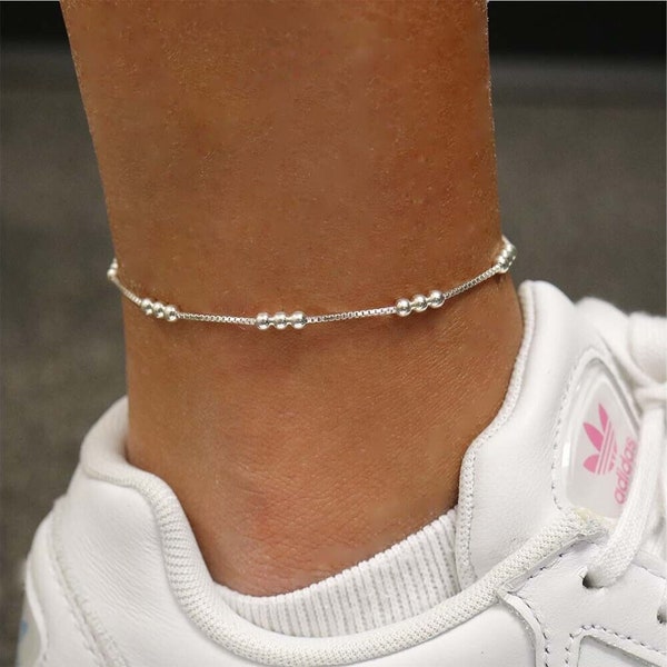 Italian 925 Solid Sterling Diamond Cut Triple Bead Anklet Chain 9" or 10", Spring Clasp, Made In Italy
