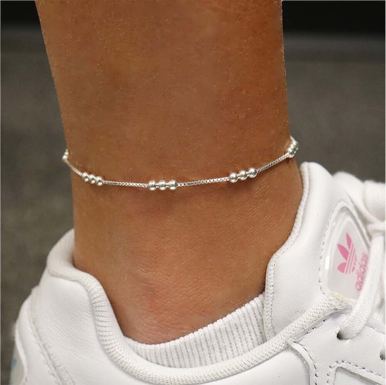 Italian 925 Solid Sterling Diamond Cut Triple Bead Anklet Chain 9 or 10, Spring Clasp, Made In Italy afbeelding 1