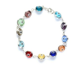 Solid 925 Sterling Silver 10MM Crystal Evil Eye Charm Bracelet -7.5", All Colors - Multi Color, Dark Blue, Red, Light Blue, Lavender, Green,