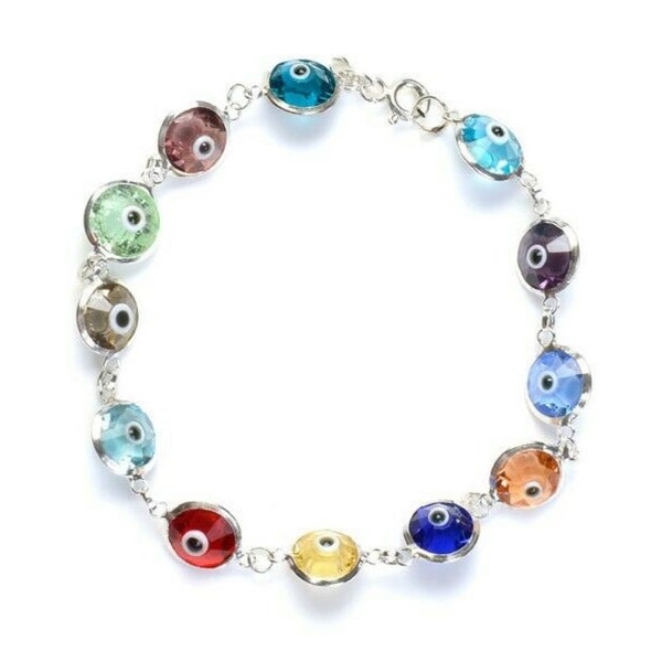 Solid 925 Sterling Silver 10MM Crystal Evil Eye Charm Bracelet -7.5", All Colors - Multi Color, Dark Blue, Red, Light Blue, Lavender, Green,