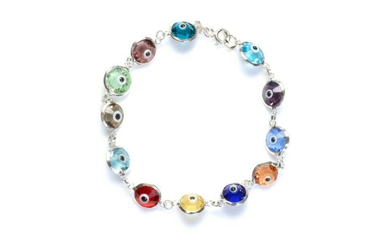 Solid 925 Sterling Silver 10MM Crystal Evil Eye Charm Bracelet 7.5, All Colors Multi Color, Dark Blue, Red, Light Blue, Lavender, Green, Multi Color