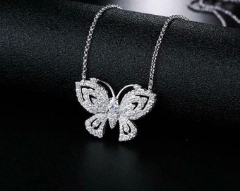 18k White Gold Plated Adjustable Crystal CZ Butterfly Necklace Jewelry Gift For Women - Rolo Chain - From 18" up too 24"