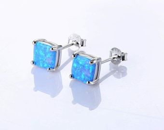 925 Sterling Silver 6mm Princess Cut Square Blue Fire Opal Stud Earrings For Women, Push Back Closure, 925 Stamped, Jewelry Gift