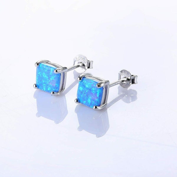 925 Sterling Silver 6mm Princess Cut Square Blue Fire Opal Stud Earrings For Women, Push Back Closure, 925 Stamped, Jewelry Gift