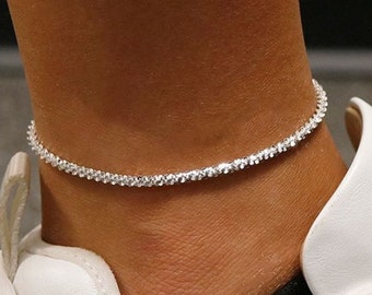 Italian 925 Solid Sterling 2MM Diamond Cut Roc Anklet Chain 9" or 10", Lobster Clasp, Made In Italy