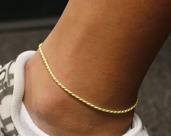 18k Gold Plated Italian 925 Solid Sterling 1.5MM Diamond Cut Rope Anklet Chain 9" or 10", LobsterClasp, Made In Italy