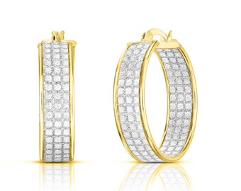 18k Gold Plated 925 Solid Sterling Silver Cubic Zirconia Crystal Dust 25MM Round Hoop Earrings for Women & Girls