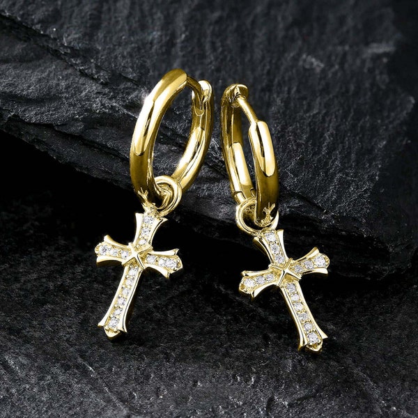 Men & Women 18k Gold Plated CZ Cross Religious Leverback Huggie Hoop Drop Small Earrings Gold