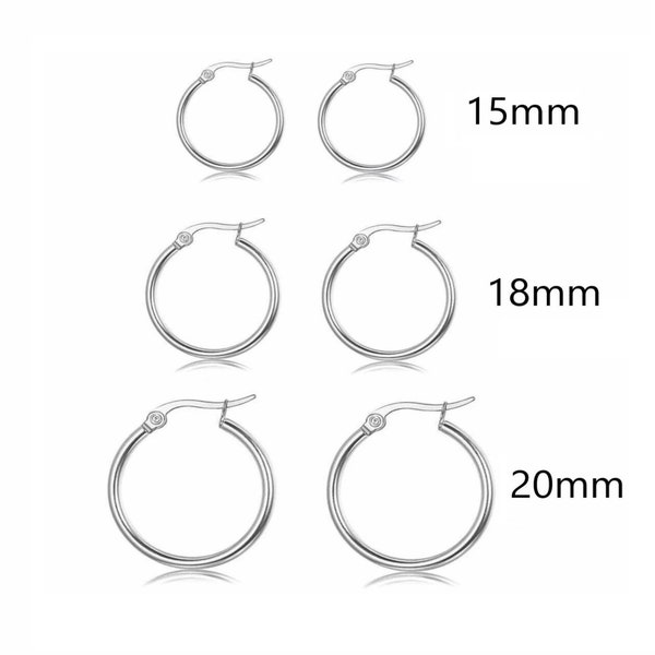 Solid 925 Sterling Silver Elegant 2MM Round Small Hoop Earrings For Men & Women, Sizes 15mm, 18mm, 20mm, French Lock Hoops, Real silver