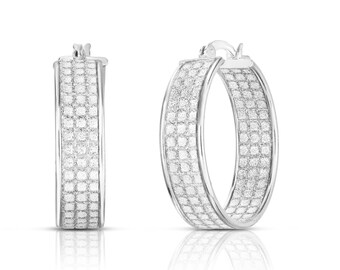 925 Solid Sterling Silver Cubic Zirconia Crystal Dust 25MM Round Hoop Earrings for Women & Girls