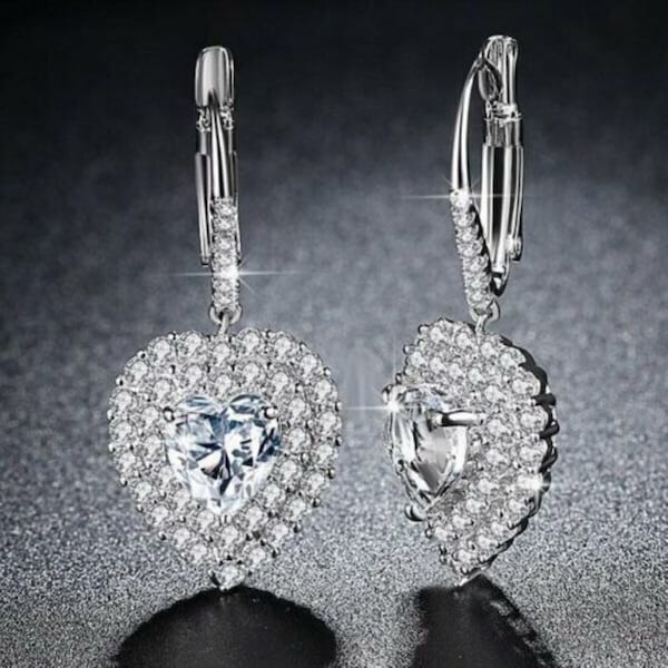18k White Gold Plated Crystal CZ Heart Leverback Halo Drop Earrings For Women