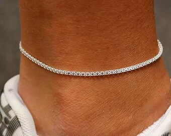 Italian 925 Solid Sterling 2MM Diamond Cut Bismark Anklet Chain 9" or 10", Lobster Clasp, Made In Italy