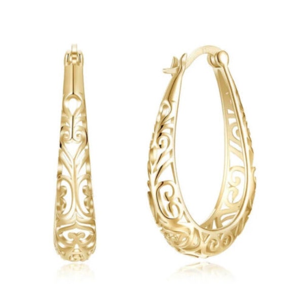 Solid .925 Sterling Silver Gold 30mm Oval Vintage Flower Filigree Hoop Earrings For Women, Made In Italy, Jewelry Gift