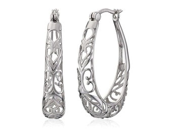 Solid .925 Sterling Silver 30mm Oval Vintage Flower Filigree Hoop Earrings For Women, Made In Italy, Jewelry Gift