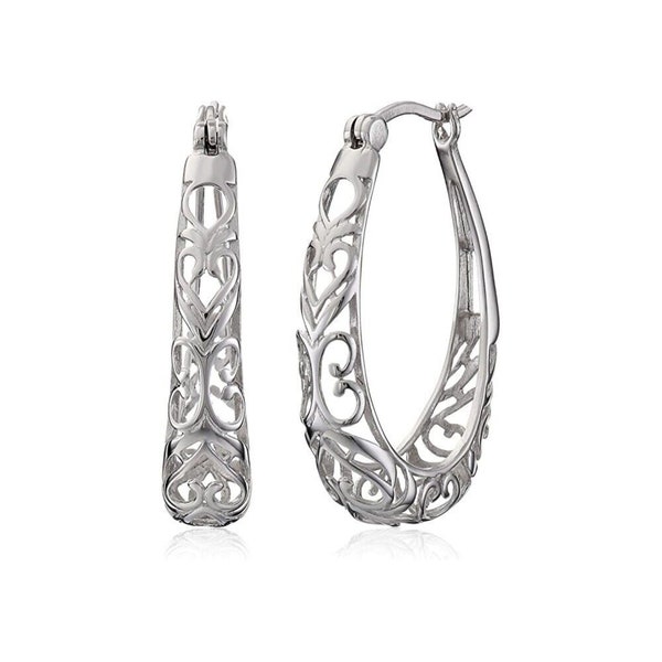 Solid .925 Sterling Silver 30mm Oval Vintage Flower Filigree Hoop Earrings For Women, Made In Italy, Jewelry Gift