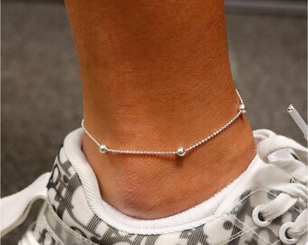 Italian 925 Solid Sterling Diamond Cut Beaded Ball Anklet Chain 9" or 10", Lobster Clasp, Made In Italy