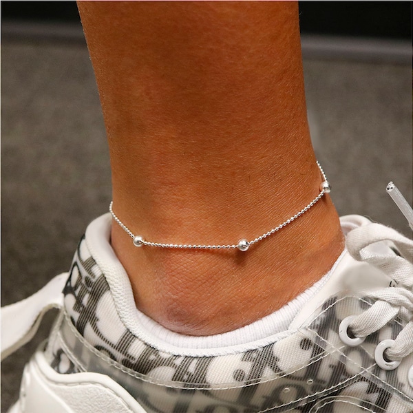 Italian 925 Solid Sterling Diamond Cut Beaded Ball Anklet Chain 9" or 10", Lobster Clasp, Made In Italy