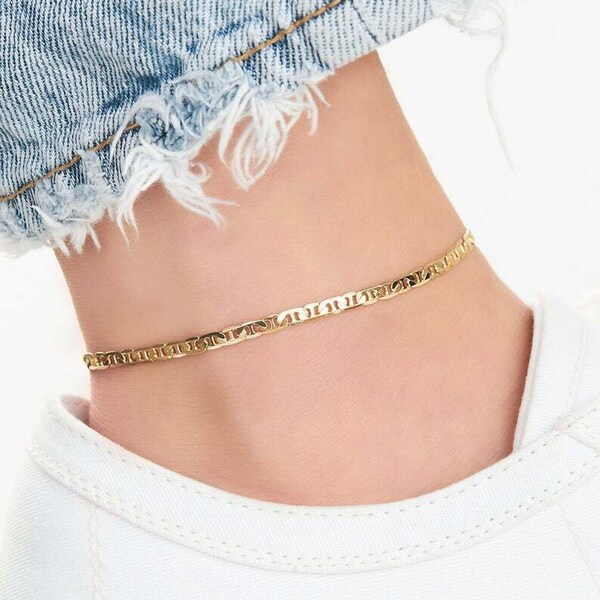 Italian 925 Solid Sterling 2MM Diamond Cut Gold Mariner Chain Anklet Chain 9" or 10", Spring Clasp, Made In Italy