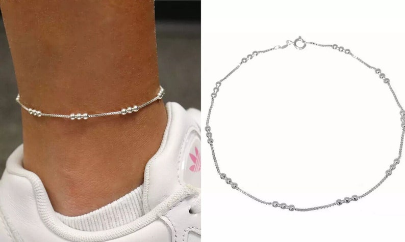 Italian 925 Solid Sterling Diamond Cut Triple Bead Anklet Chain 9 or 10, Spring Clasp, Made In Italy afbeelding 3