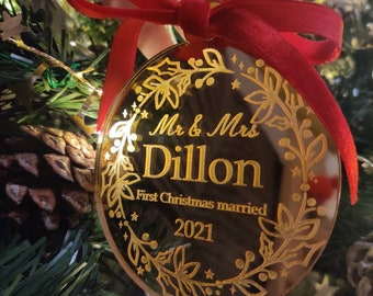 First Christmas Married.  Personalised decoration. Mr & Mrs.