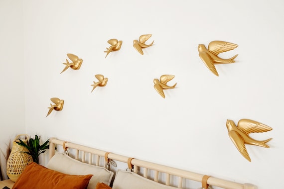 Flying Morning Birds Wall Decor for Bedroom - Hanging sculpture beach bird over the bed Modern gold boho wall decor Farmhouse hanging decor