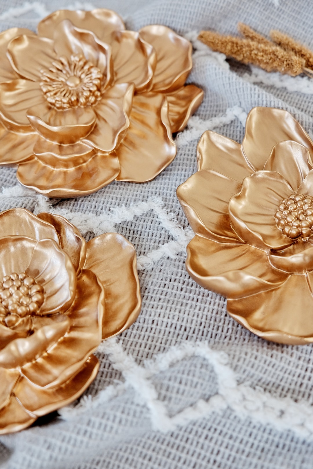 Gold Peony Flower Wall Decor for Bedroom Hanging Sculpture Flowers Over