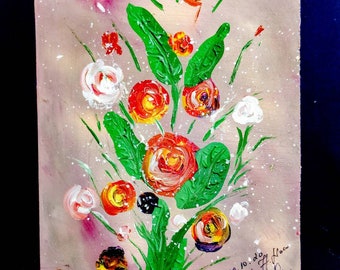 Blerta Llace Vivid tulips on canvas. Original abstract painting on canvas hardboard. Dynamic wall hanging colors.