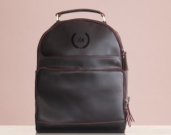 Personalized Full Grain Leather Backpack: Monogrammed Laptop Bag