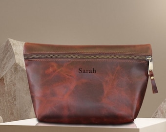Custom Leather Makeup Bag, Personalized Bridesmaid Gift