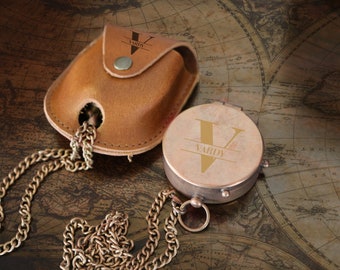 Engraved Brass Compass: Personalized Groomsman Gift with Leather Pouch