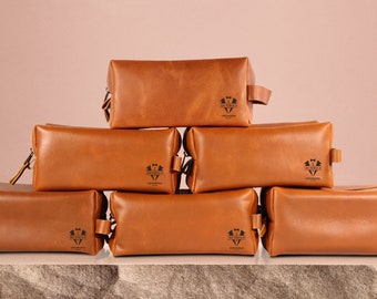 Custom Leather Toiletry Bag: Groomsmen Gift Set, Engraved Mens Dopp Kit