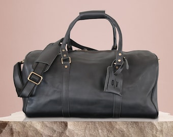 Personalized Full Grain Leather Duffle Bag: Monogrammed Travel Bag