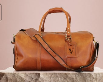 Personalized Leather Duffle Bag: Large Travel Weekender with Shoe Compartment