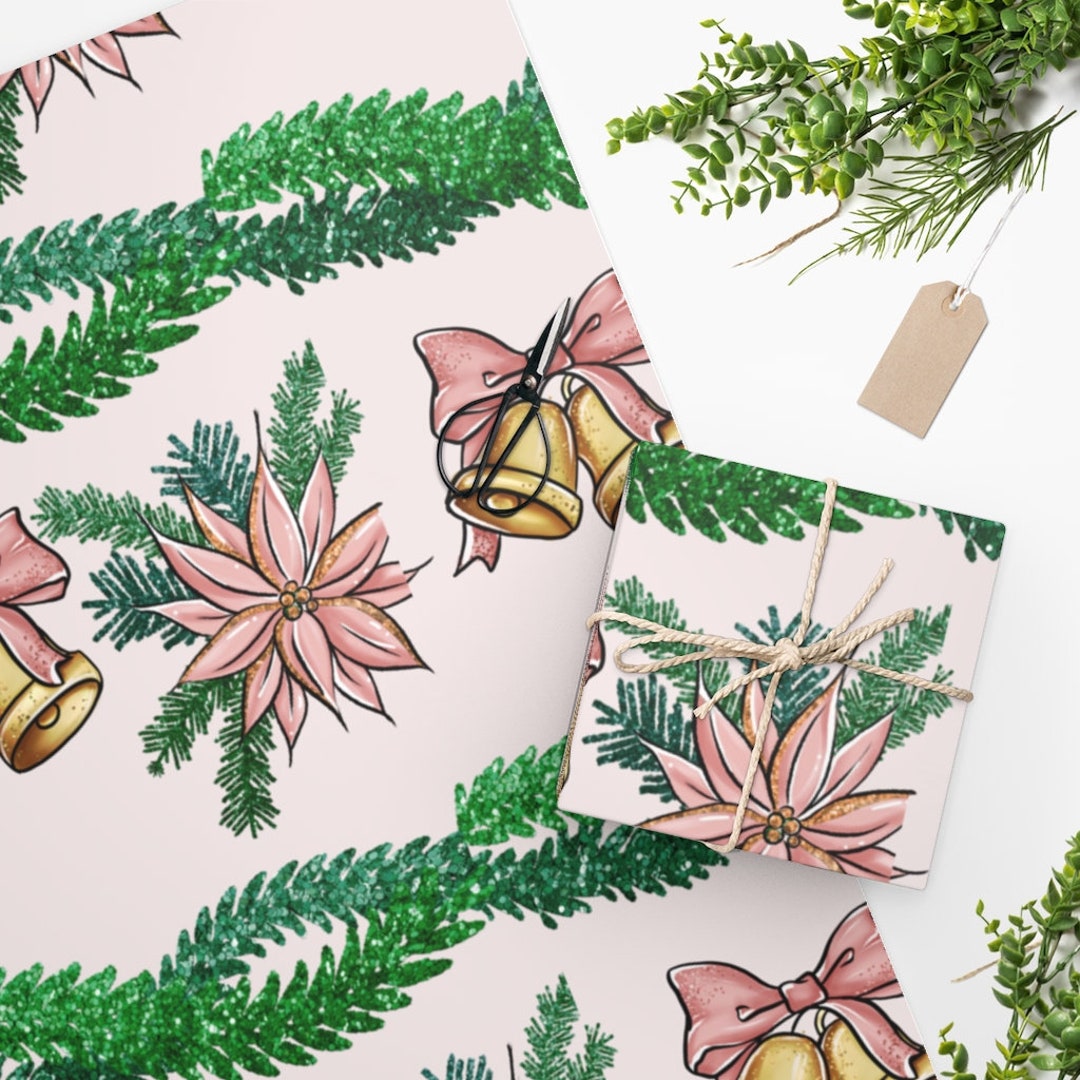 Garland, Golden Bells, and Pink Poinsettias Christmas Wrapping Paper ...