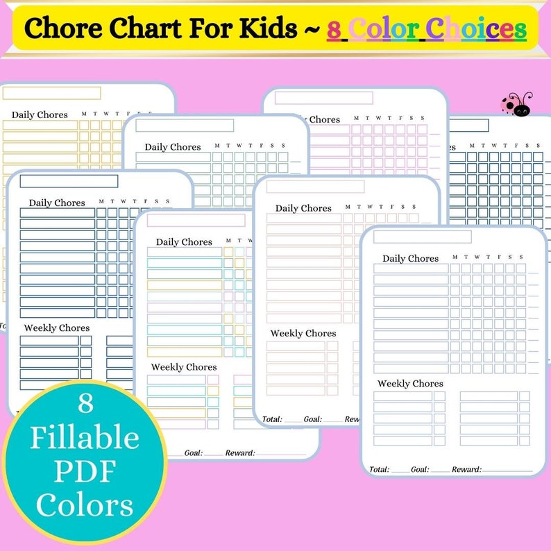 Family Chore Chart Bundle With 8 Color Choices| Checklist | Fillable ...