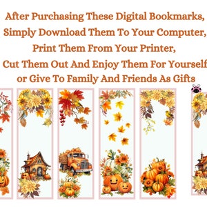 May include: Set of six printable fall-themed bookmarks featuring pumpkins, a house, a truck, and autumn leaves.  The bookmarks are designed to be cut out and used for reading.